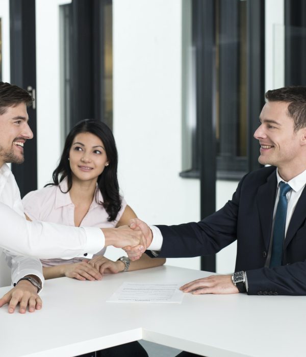 Consultant shaking hands with man